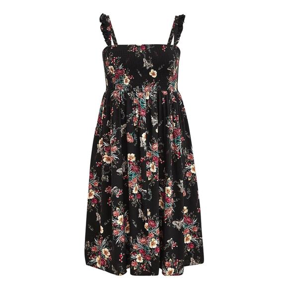 Torrid Size 00 Black Butterfly Floral Smocked Challis Midi Sun Dress w/Pockets - Picture 4 of 4